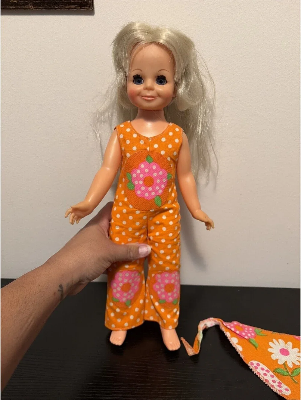 Vintage 1970’s Ideal Grow Hair Fashion Doll 15” Orange Romper Blonde